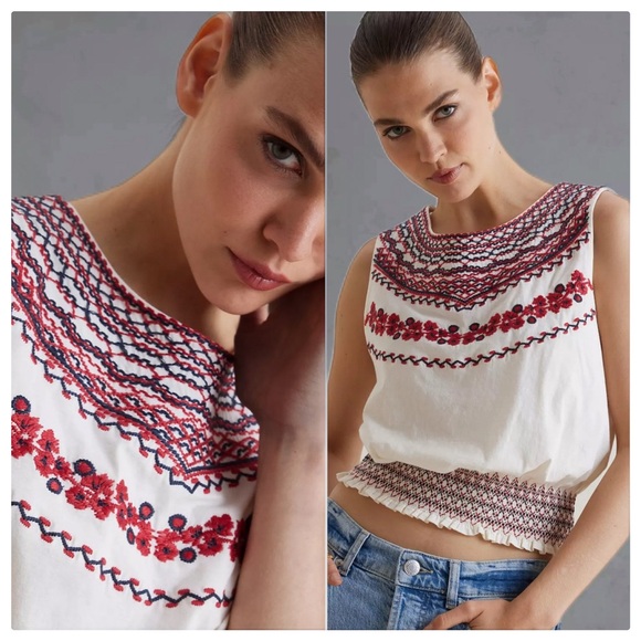 Anthro Linni Smocked Embroidered Top - Picture 3 of 4